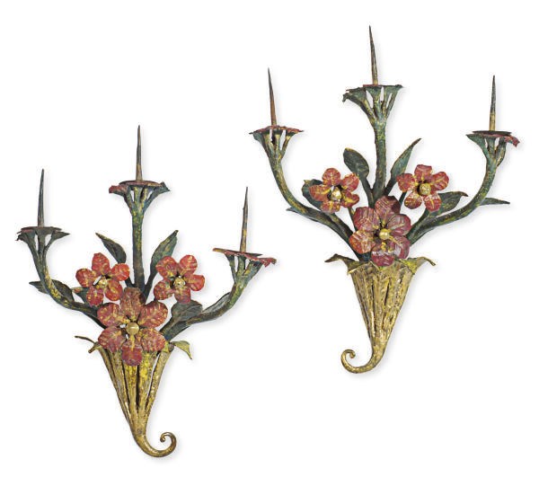 A PAIR OF CONTINENTAL ENAMELED METAL SCONCES,