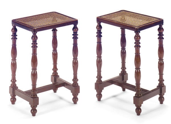 A PAIR OF LOUIS PHILIPPE MAHOGANY AND CANED TABOURETS,