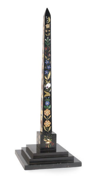 A SLATE, SPECIMEN MARBLE AND PIETRA DURA OBELISK,