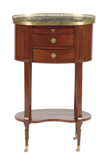 A FRENCH MAHOGANY AND MARBLE TOP OVAL SIDE TABLE,