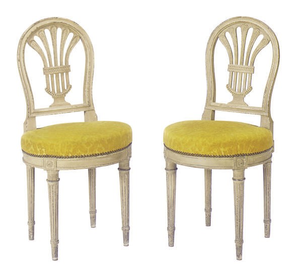 A SET OF TWELVE PAINTED AND UPHOLSTERED DINING CHAIRS,