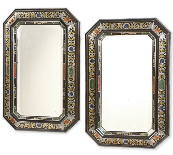 A PAIR OF FRENCH EBONIZED, PEWTER AND BRASS INLAID MIRRORS,