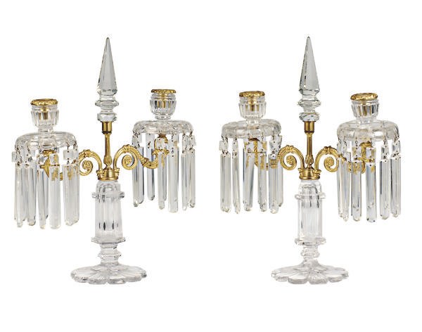 A PAIR OF GILT-METAL AND CUT-GLASS CANDELABRA,