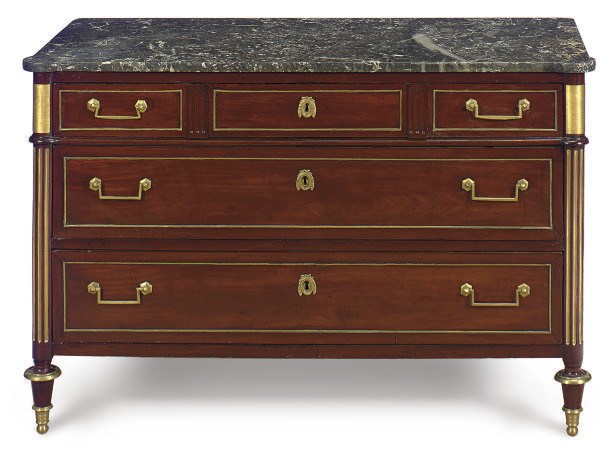 A LOUIS XVI ORMOLU-MOUNTED MAHOGANY AND MARBLE-TOP COMMODE,