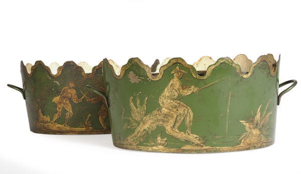 A PAIR OF FRENCH GREEN AND GILT-DECORATED TOLE JARDINIERES