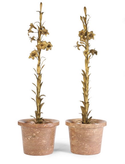 A PAIR OF MARBLE JARDINEIRES FITTED WITH GILT-METAL FLORAL FOLIATE DECORATION,