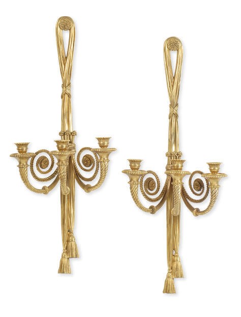 A PAIR OF GILT-BRONZE THREE-BRANCH WALL LIGHTS,