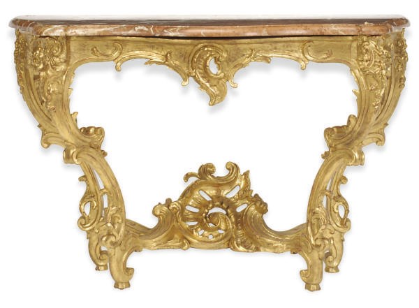 A LOUIS XV GILTWOOD AND MARBLE-TOP SERPENTINE CONSOLE TABLE,