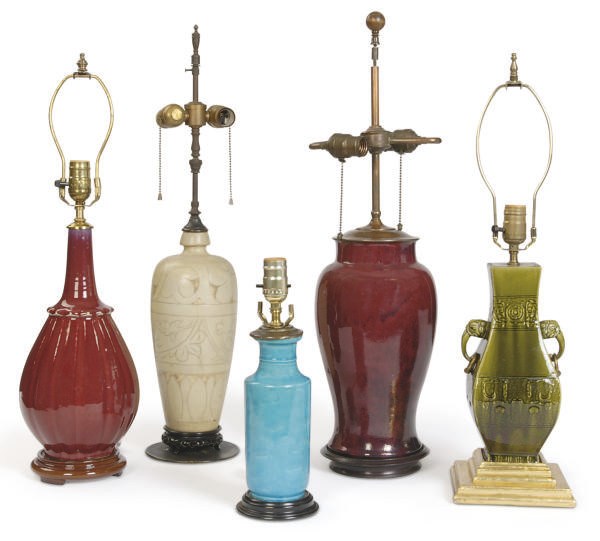 FIVE CHINESE PORCELAIN VASES MOUNTED AS LAMPS,
