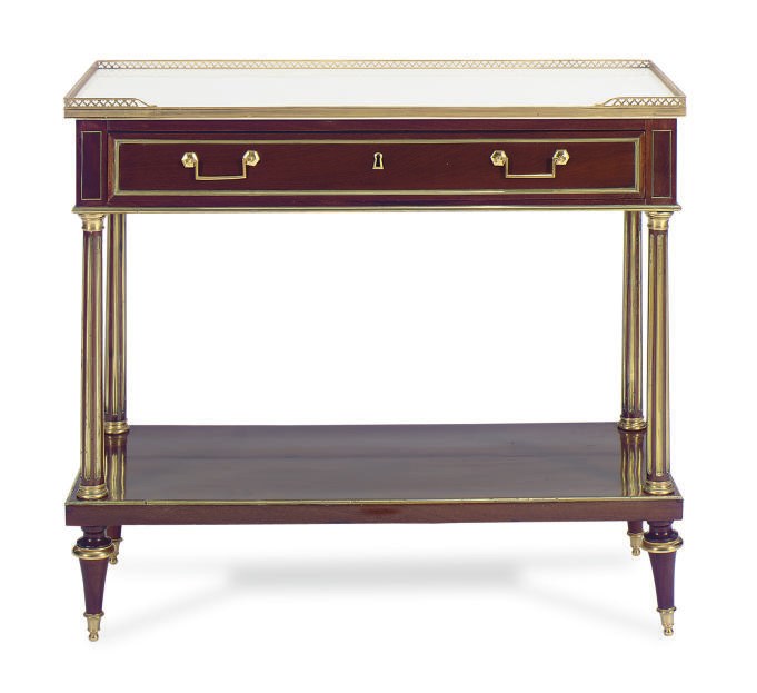A LOUIS XVI GILT-METAL MOUNTED MAHOGANY AND MARBLE-TOP CONSOLE DESSERT,