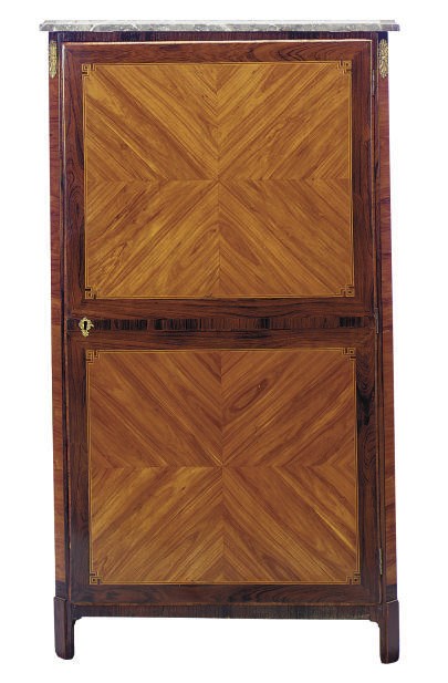 A NORTH EUROPEAN TULIPWOOD AND ROSEWOOD MARBLE-TOP TALL CHEST**,