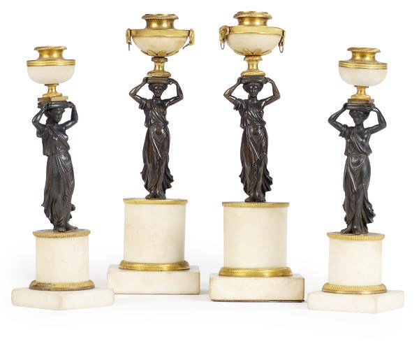 TWO PAIRS OF NORTHERN EUROPEAN PATINATED, GILT-BRONZE AND MARBLE FIGURAL CANDLESTICKS,
