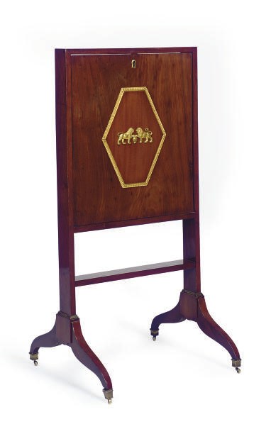 A FRENCH GILT-METAL MOUNTED MAHOGANY FALL FRONT WRITING TABLE,