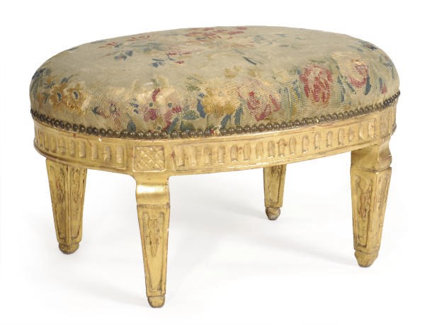AN ITALIAN GILTWOOD AND UPHOLSTERED OVAL TABOURET,