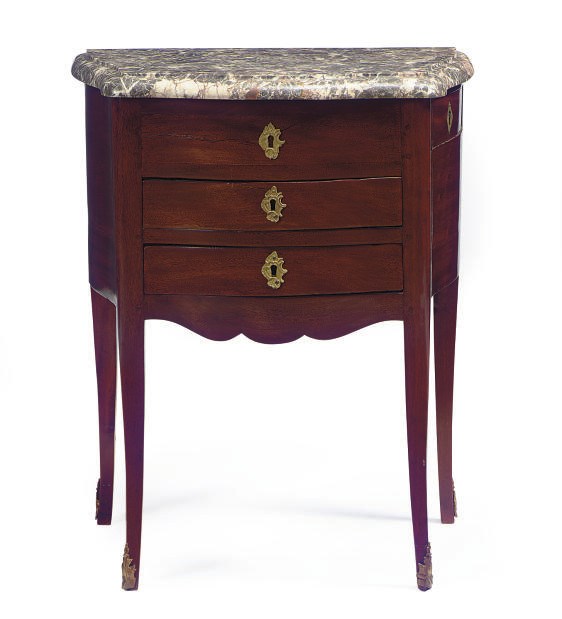 A NORTH EUROPEAN MAHOGANY AND MARBLE-TOP SERPENTINE TABLE A ECRIRE,