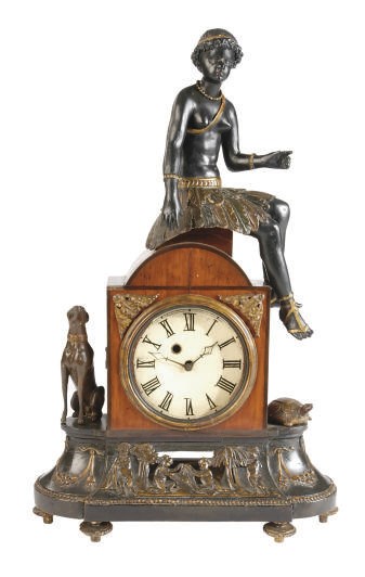 A VIENNESE FRUITWOOD, EBONIZED AND PARCEL-GILT FIGURAL MANTELCLOCK,