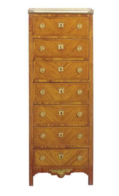 A FRENCH TULIPWOOD AND MARBLE-TOP SEMAINIER,