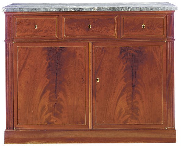 A FRENCH MAHOGANY, ACAJOU MACHETE AND MARBLE-TOP SIDE CABINET,