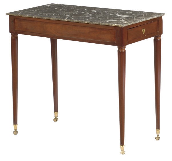 A FRENCH MAHOGANY AND MARBLE TOP SIDE TABLE,