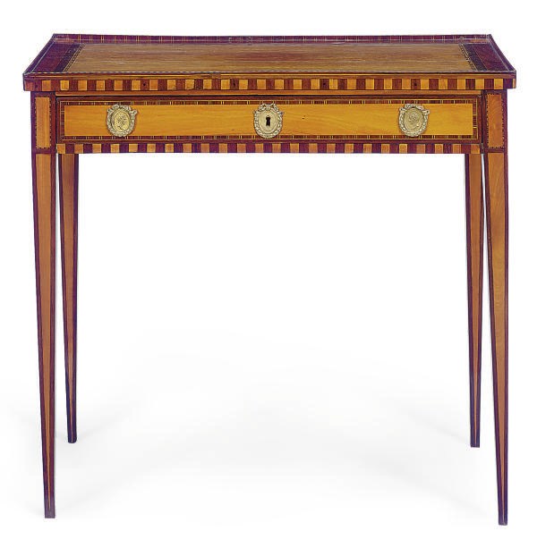 A DUTCH MAHOGANY, SATINWOOD AND ROSEWOOD SIDE TABLE**,