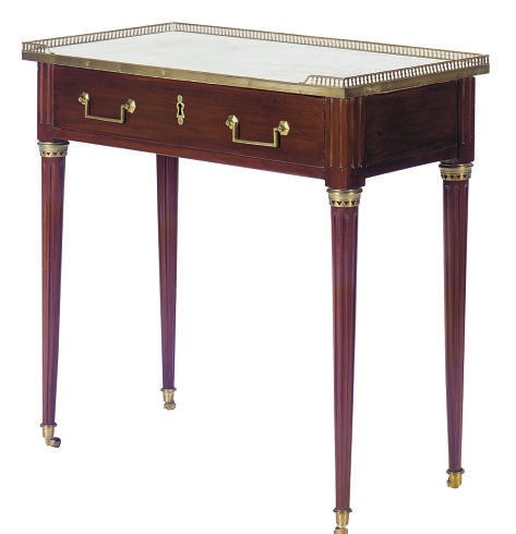 A LOUIS XVI ORMOLU-MOUNTED MAHOGANY AND MARBLE-TOP SIDE TABLE,