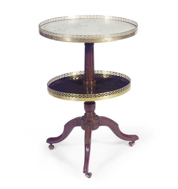 A FRENCH MAHOGANY AND MARBLE TWO-TIER GUERIDON,