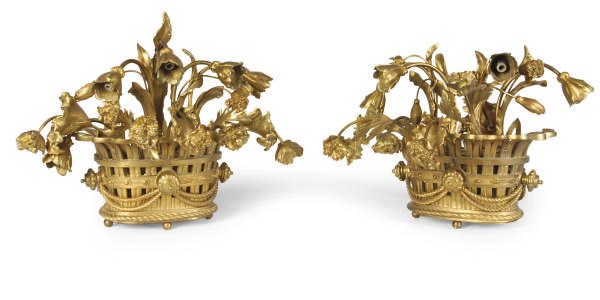 A PAIR OF GILT-BRONZE FLOWERING BASKET-FORM WALL-LIGHTS,