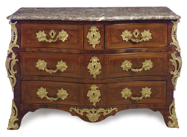A LOUIS XV ORMOLU-MOUNTED KINGWOOD AND ROSEWOOD SERPENTINE BOMBE COMMODE**,