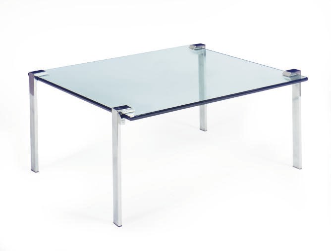 A CHROMED METAL AND GLASS COFFEE TABLE,