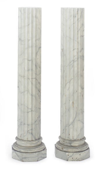 A PAIR OF PAINTED FAUX MARBLE PEDESTALS,