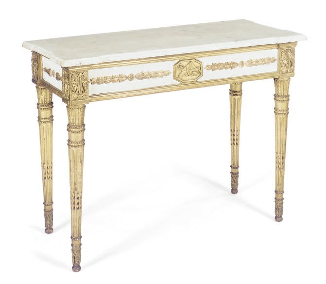 A NORTH ITALIAN PAINTED AND PARCEL-GILT SIDE TABLE,