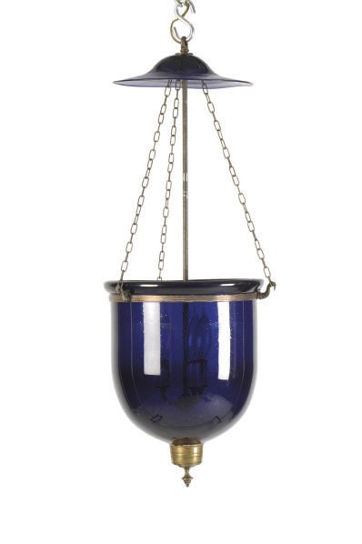 A GILT-METAL MOUNTED COBALT GLASS HANGING LANTERN,