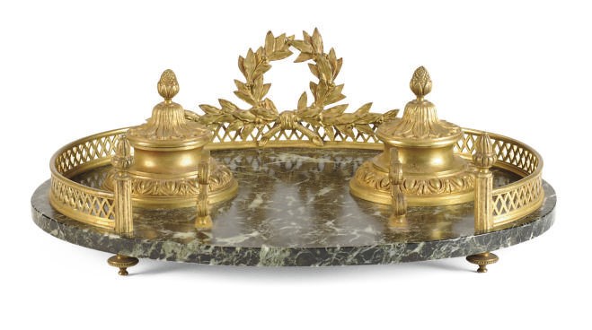 A GILT-BRONZE MOUNTED GREEN MARBLE ENCRIER,