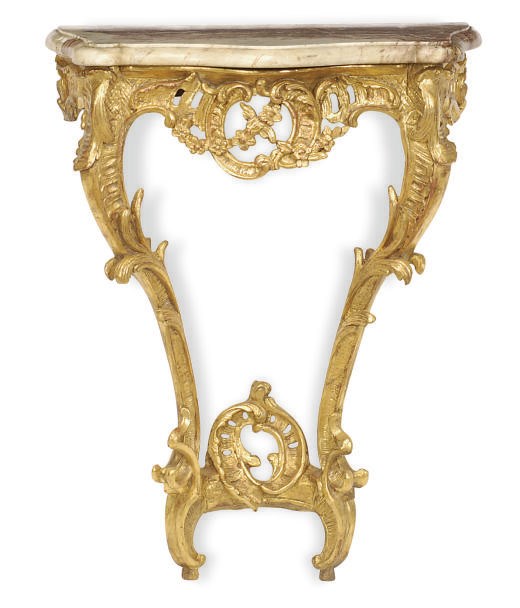 A LOUIS XV GILTWOOD AND MARBLE-TOP CONSOLE TABLE,