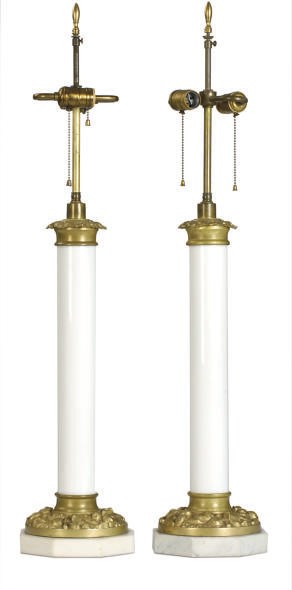 A PAIR OF GILT-METAL MOUNTED MARBLE AND GLASS COLUMNAR TABLE LAMPS,
