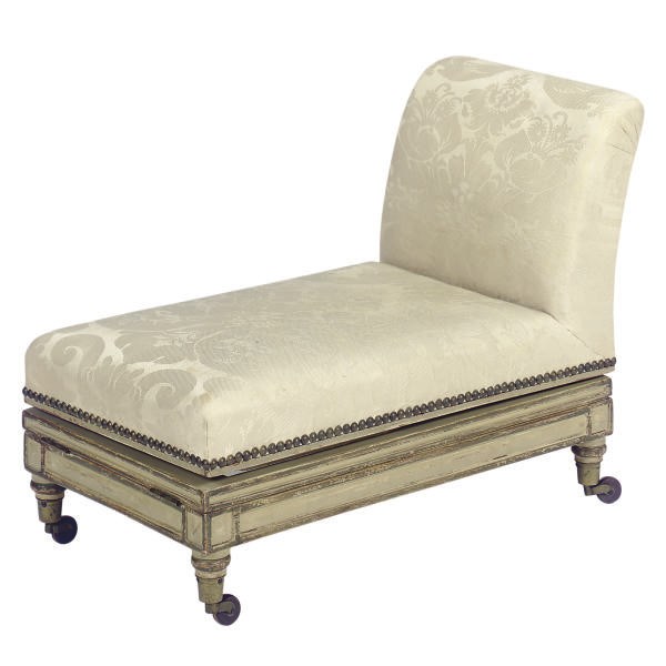 A FRENCH PAINTED AND UPHOLSTERED ADJUSTABLE GOUT-STOOL,