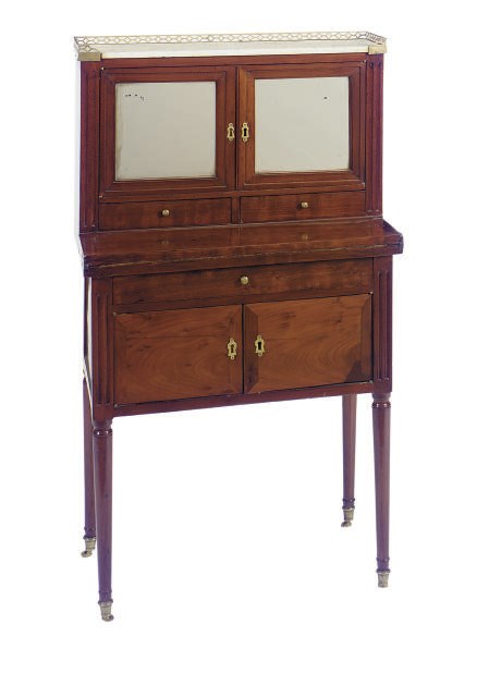 A LOUIS XVI MAHOGANY, ACAJOU MACHETE AND MARBLE-TOP BONHEUR DU JOUR,