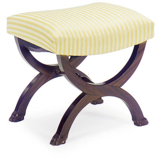 A FRENCH MAHOGANY AND UPHOLSTERED CURULE-FORM STOOL,