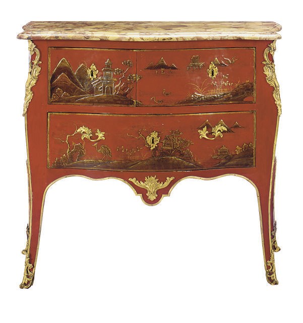 A FRENCH GILT-BRONZE MOUNTED RED AND GILT-JAPANNED SERPENTINE BOMBE COMMODE,