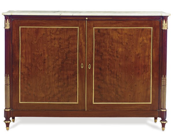 A GILT-METAL MOUNTED MAHOGANY, FIGURED-MAHOGANY AND MARBLE-TOP SIDE CABINET,