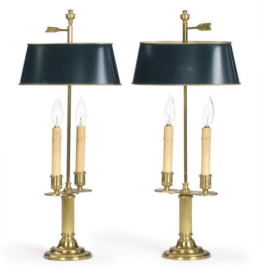 A PAIR OF GILT-METAL TWO-LIGHT TABLE LAMPS,