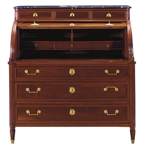 A LOUIS XVI ORMOLU-MOUNTED MAHOGANY AND MARBLE-TOP BUREAU CYLINDRE,