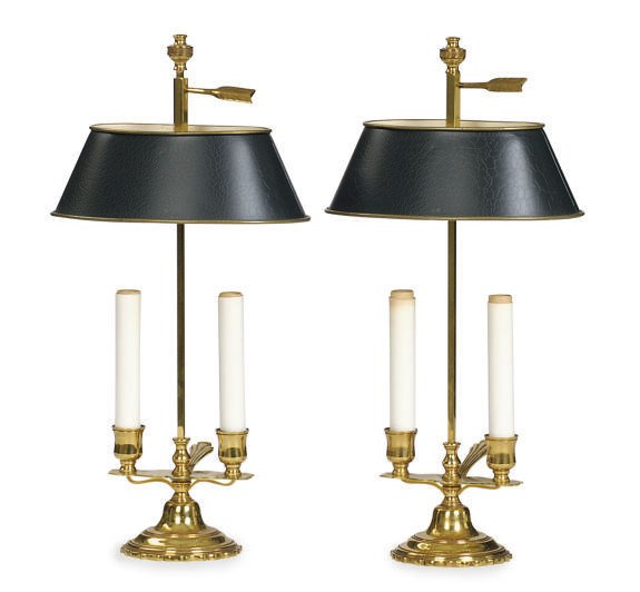 A PAIR OF GILT-METAL TWO-LIGHT TABLE LAMPS,