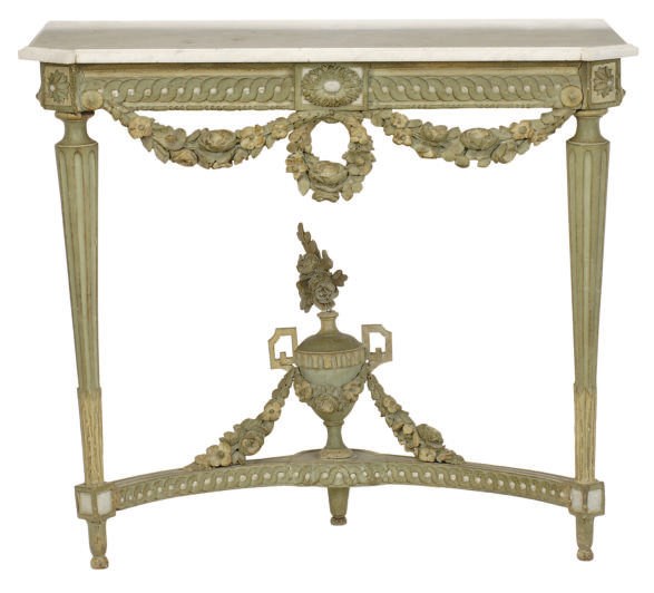 A PAIR OF LOUIS XVI GREEN-PAINTED AND MARBLE-TOP CONSOLE TABLES,