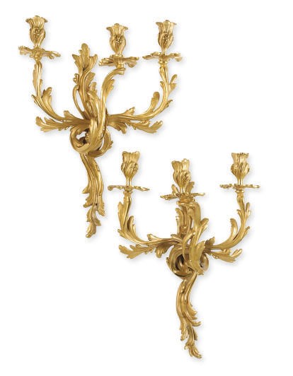 A SET OF FOUR FRENCH ORMOLU THREE-BRANCH WALL-LIGHTS,