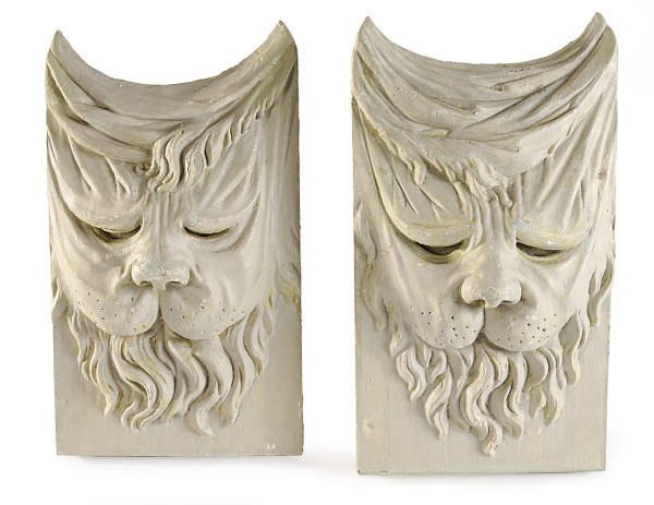 A PAIR OF GREY-PAINTED WALL PLAQUES,