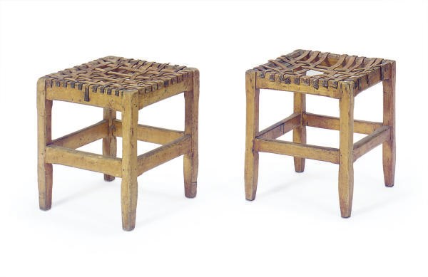 A PAIR OF FRUITWOOD AND LEATHER STOOLS,