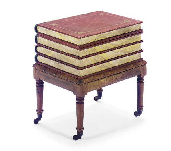 A FRENCH MAHOGANY AND LEATHER TROMP L'OEIL 'BOOK' SIDE TABLE,