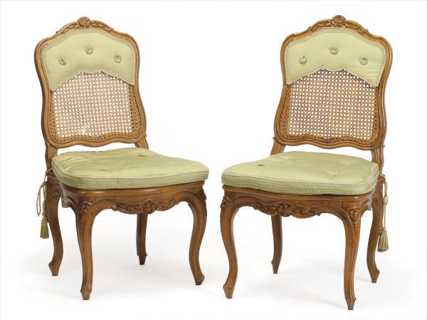 A SET OF SIX LOUIS XV FRUITWOOD AND CANED SIDE CHAIRS,