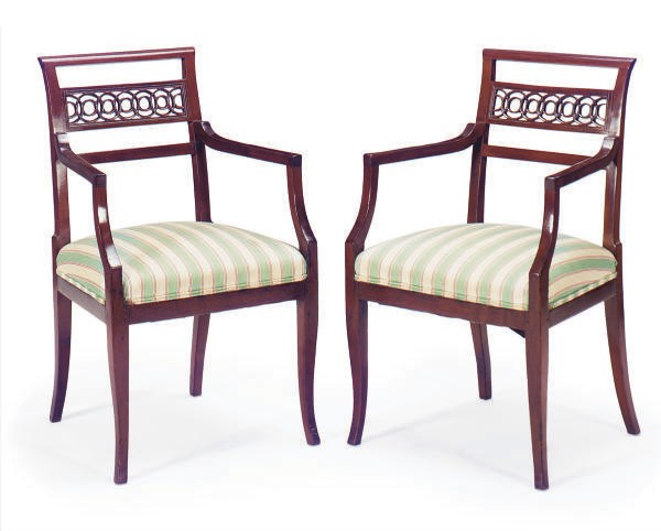 A PAIR OF MAHOGANY OPEN ARMCHAIRS,